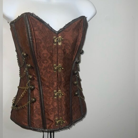 Mahogany Damask Steampunk Over-Bust Corset Top w/ Gold Accents Sz S/M - Picture 3 of 16